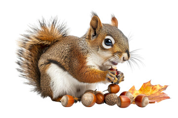 Close-up of a cute squirrel holding a nut with autumn leaves, isolated on a transparent background. © Rattanathip