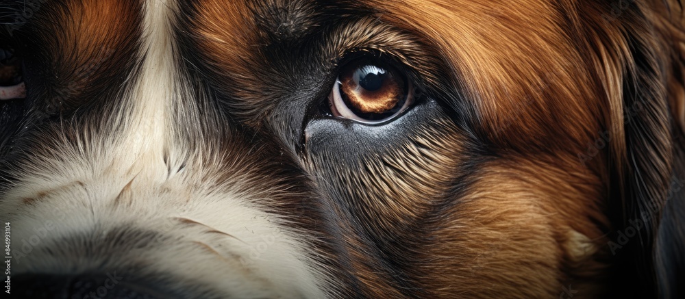 Poster Close view of a Saint Bernard dog's eye against a black backdrop, focused and alert. with copy space image. Place for adding text or design
