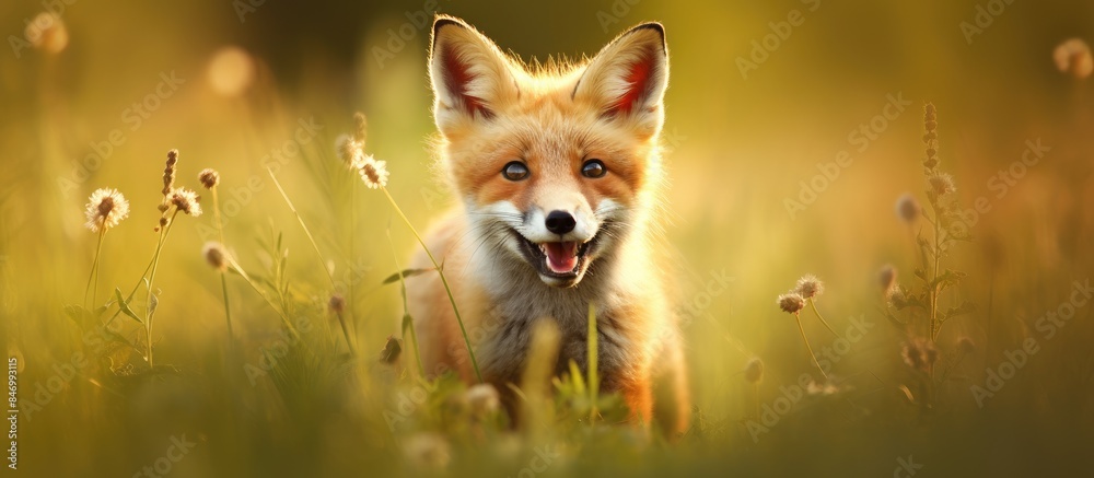 Poster playful young fox happily exploring a meadow filled with vibrant green grass, exuding a sense of joy