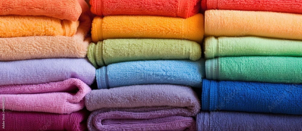 Aufkleber A vibrant array of towels in various colors neatly piled on top of each other, creating a visually appealing and comforting sight. with copy space image. Place for adding text or design