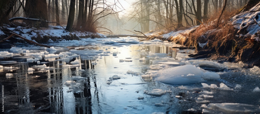 Poster River in a wooded area during spring, showing traces of ice as the weather warms up. with copy space image. Place for adding text or design