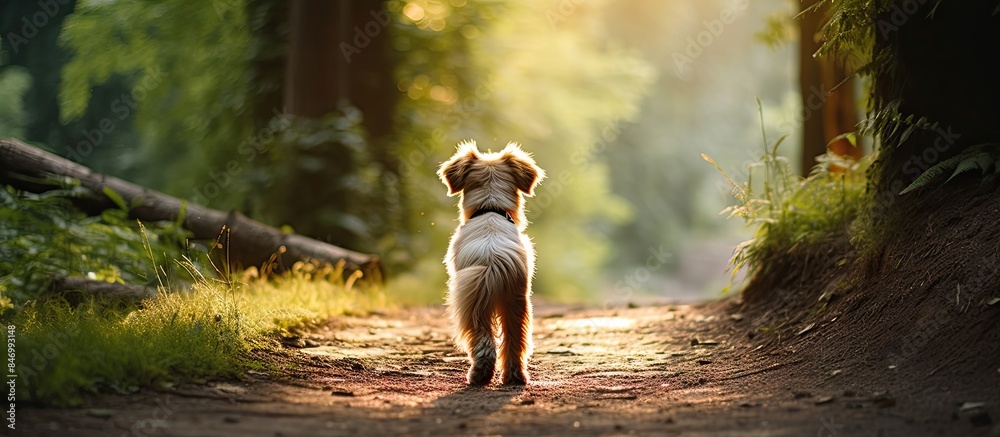 Poster Dog walking down a dirt road, surrounded by trees and a branch, view from behind with space above. with copy space image. Place for adding text or design