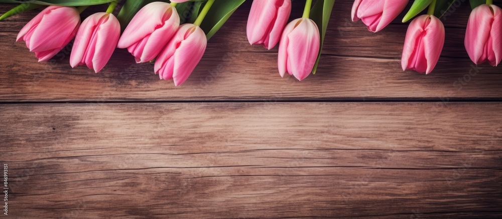 Fototapete Pink tulips displayed on a background of aged wooden planks creating a rustic charm. with copy space image. Place for adding text or design