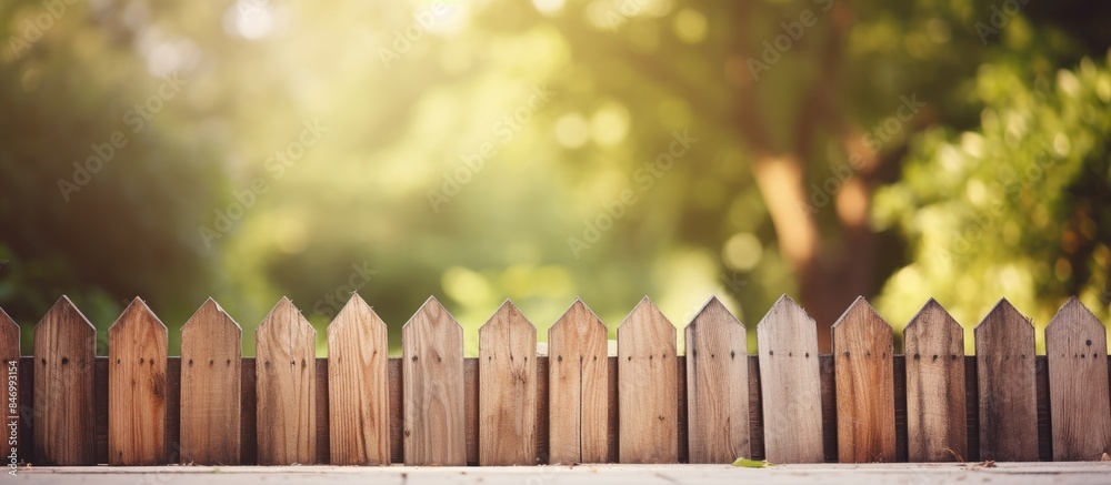 Fototapete close-up view of a wooden fence with a lush green tree in the background. with copy space image. pla