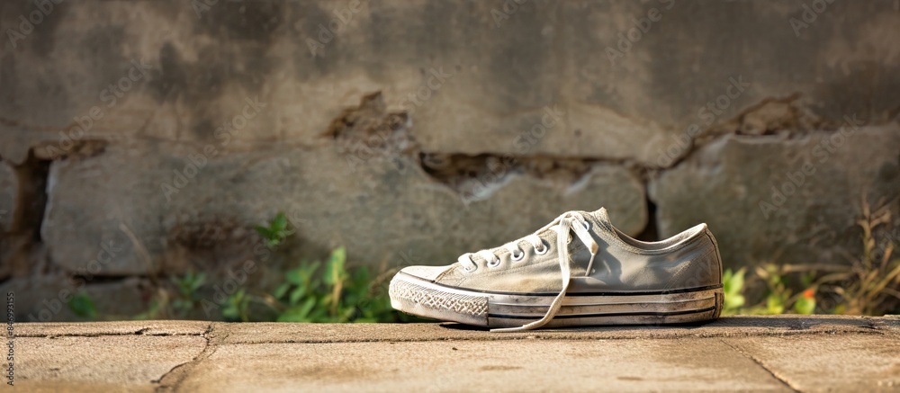 Leinwandbilder pair of clean white canvas sneakers placed on a rough stone background. with copy space image. place