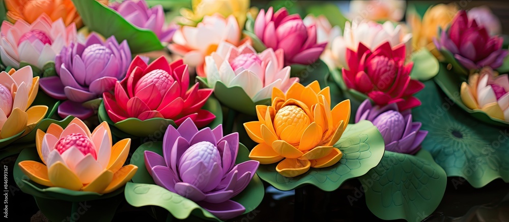 Aufkleber Vibrant flowers in various hues arranged in a vase displayed on a tabletop. with copy space image. Place for adding text or design