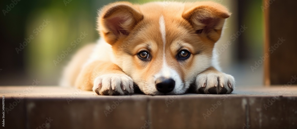 Poster The adorable dog with a forlorn expression stares directly into the camera. with copy space image. Place for adding text or design