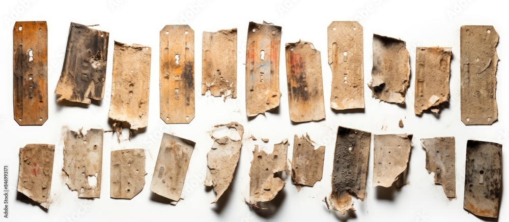 Aufkleber A close-up view of a collection of wooden pieces lying on a plain white surface. with copy space image. Place for adding text or design