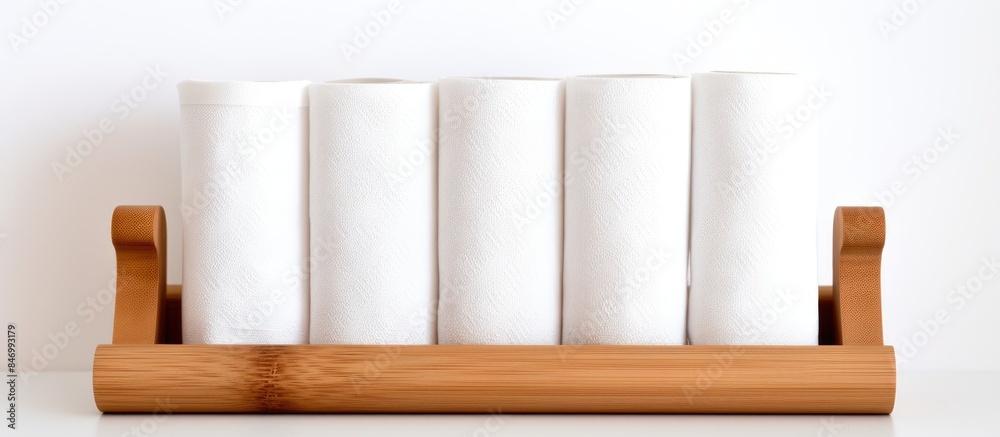 Poster White towels neatly stacked on a holder made of bamboo, providing a clean and organized look. with copy space image. Place for adding text or design