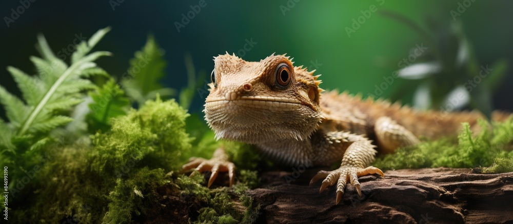 Poster Lizard poised on a stone in a vibrant green setting. with copy space image. Place for adding text or design