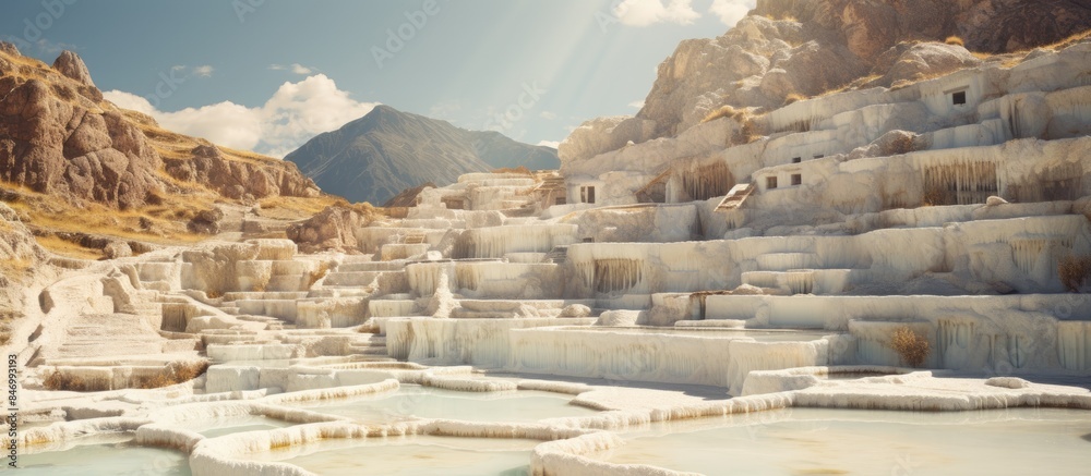 Poster valley landscape with tiered water formations, towering mountain in the distance. with copy space im