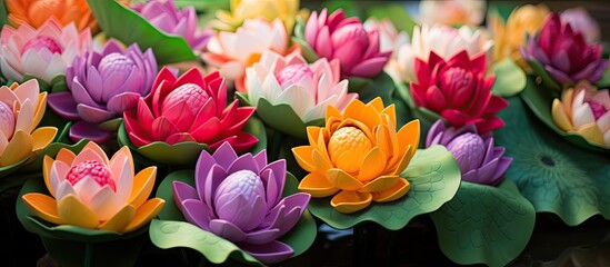Obraz premium Vibrant flowers in various hues arranged in a vase displayed on a tabletop. with copy space image. Place for adding text or design