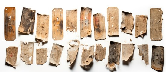 A close-up view of a collection of wooden pieces lying on a plain white surface. with copy space image. Place for adding text or design