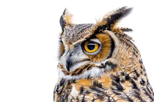 Close-up of a great horned owl with striking yellow eyes and detailed feathers against a transparent background.