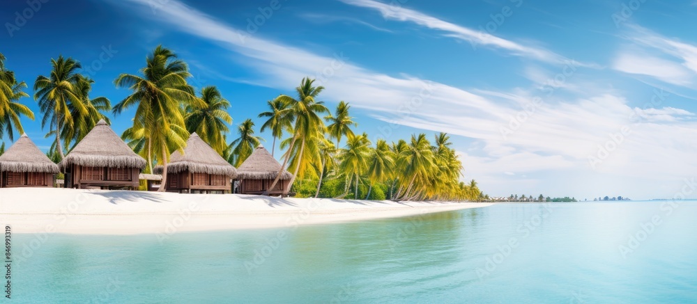 Poster Palm trees standing tall on a sandy beach with a charming hut by the shore. with copy space image. Place for adding text or design