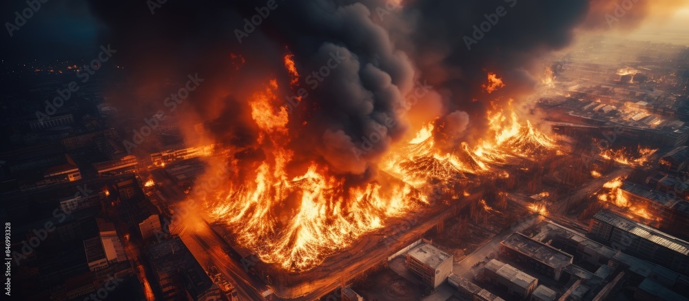 Poster Intense fire consumes urban structures as firefighters battle the massive blaze from above. with copy space image. Place for adding text or design