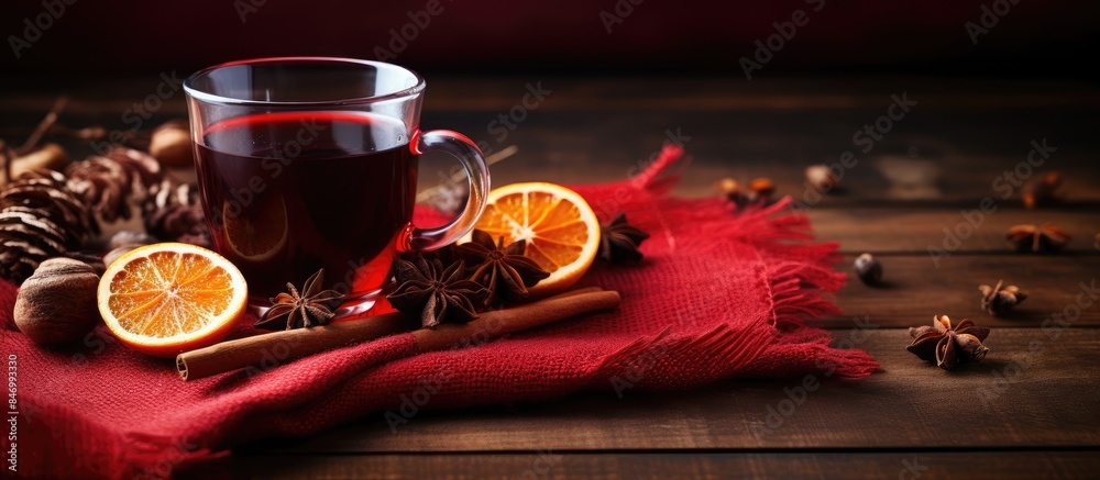 Poster a detailed shot of a cup of tea garnished with fresh orange slices and cinnamon sticks. with copy sp