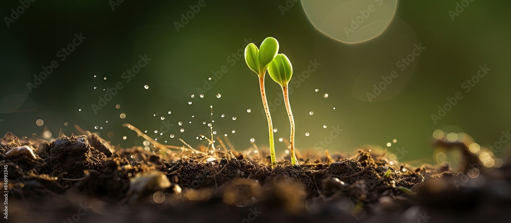 Leinwandbilder newly germinated seed showing a small plant sprouting from the ground with a beautiful green backgro