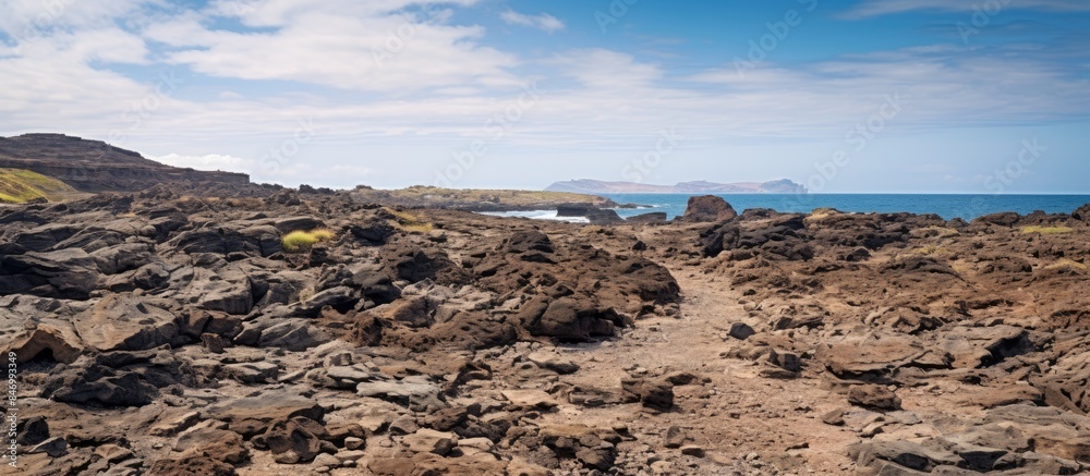 Poster scenic view of a rugged coastline in guatiza, lanzarote at canary islands, with rocky terrain around