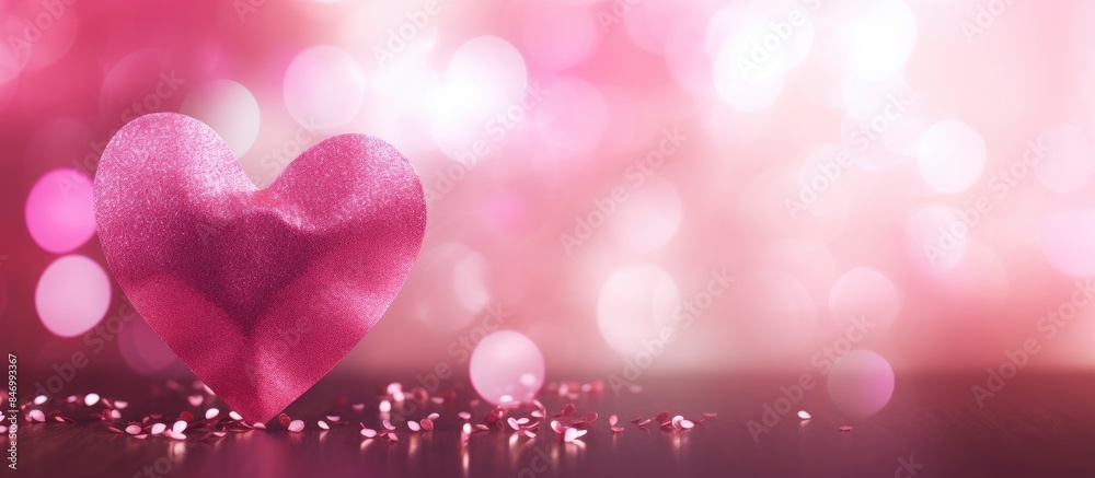 Poster A pink heart placed on a table with a matching pink background, creating a romantic Valentine's Day scene. with copy space image. Place for adding text or design