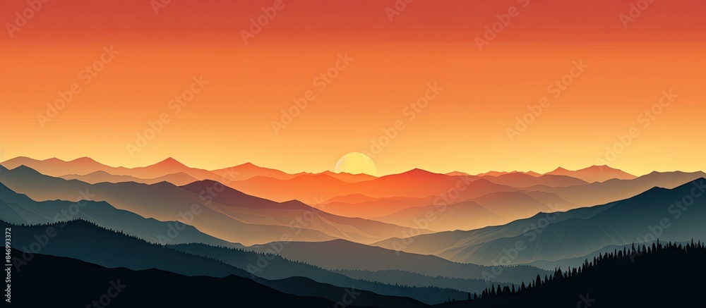 Aufkleber Mountains in silhouette at sunset, with the sun setting behind them casting a golden glow over the horizon. with copy space image. Place for adding text or design