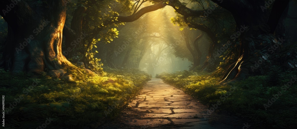 Fototapete A serene pathway winding through a verdant forest filled with trees and grass, offering a natural route. with copy space image. Place for adding text or design