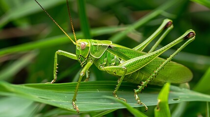 Tettigonia viridissima Great green bushcricket Female Nymph sitting on grass long horned grasshoppers insect large species of katydid or bushcricket Scientific Tettigoniidae : Generative AI