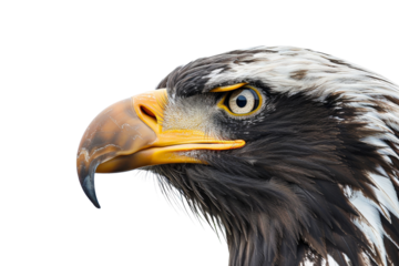 Close-up of a majestic eagle's head with intense yellow eyes and sharp beak, isolated on a transparent background. Perfect for wildlife themes.