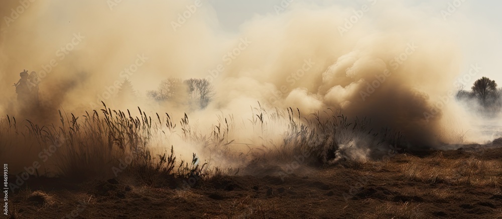 Poster A fire truck is seen amidst smoke in a field following an explosion with hay scattered around. with copy space image. Place for adding text or design
