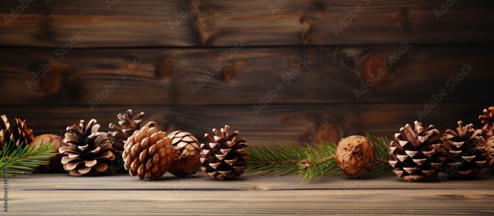 Poster Various pinecones and acorns scattered on a rustic wooden table creating a natural autumnal display. with copy space image. Place for adding text or design