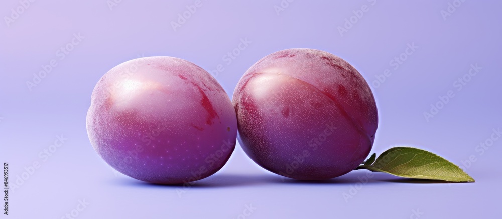 Leinwandbilder sweet plum sliced in half beside two plums with green leaves set against a vivid blue background. wi