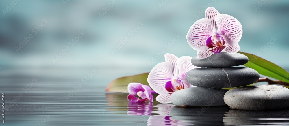 Poster Close-up view of a stack of rocks with a single flower resting on top. with copy space image. Place for adding text or design
