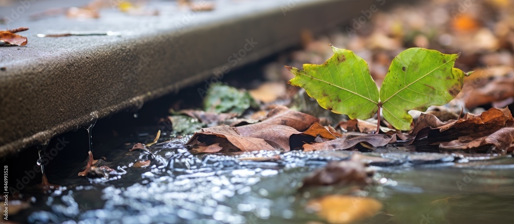 Poster Close-up view of a fallen leaf lying beside a blocked street water drain filled with debris preventing rainwater drainage. with copy space image. Place for adding text or design