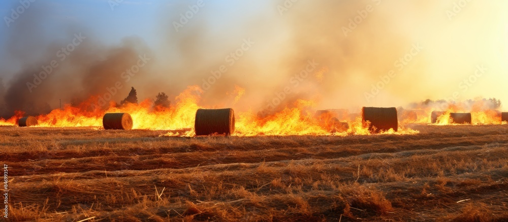Poster Truck with large tire moving on dirt path near burning fire in the field causing smoky residue. with copy space image. Place for adding text or design