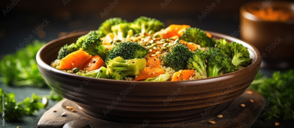 Leinwandbilder Freshly prepared bowl of broccoli and carrots topped with healthy sesame seeds. with copy space image. Place for adding text or design