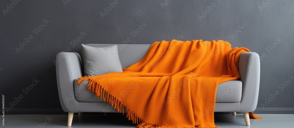Aufkleber a cozy grey sofa adorned with a blanket and a pillow on the armrest in a modern living room setting.