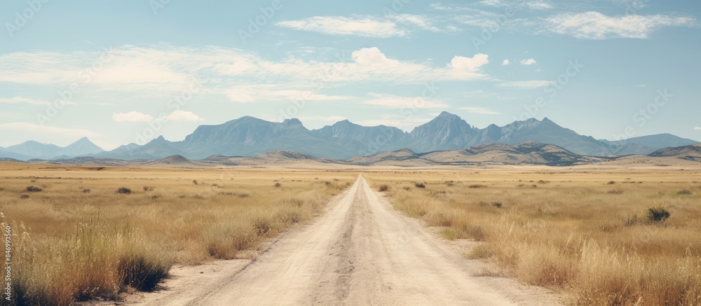 Poster A car traversing a rough dirt road in a vast open field, leading towards towering mountains in the distance. with copy space image. Place for adding text or design
