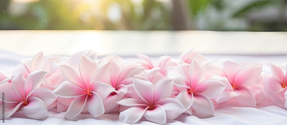 Fototapete Several delicate pink flowers spread across a white bedsheet creating a calming and elegant display. with copy space image. Place for adding text or design