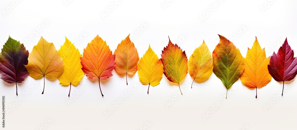 Fototapete Diverse range of colorful fall foliage in close-up view, isolated for a white background display. with copy space image. Place for adding text or design
