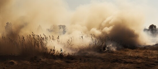 A fire truck is seen amidst smoke in a field following an explosion with hay scattered around. with copy space image. Place for adding text or design
