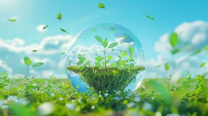 A vibrant green plant encased in a transparent protective sphere, floating above a grassy field under a bright blue sky with scattered clouds.