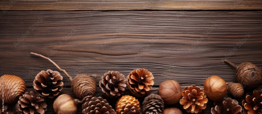 Poster pine cones and nuts are displayed on a rustic wooden table in a close-up shot. with copy space image