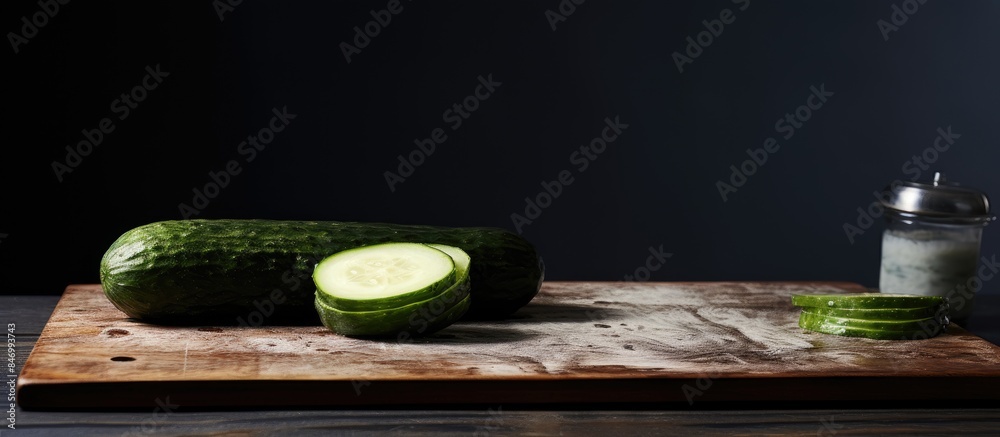 Poster cucumber cut in half lying on a chopping board. with copy space image. place for adding text or desi