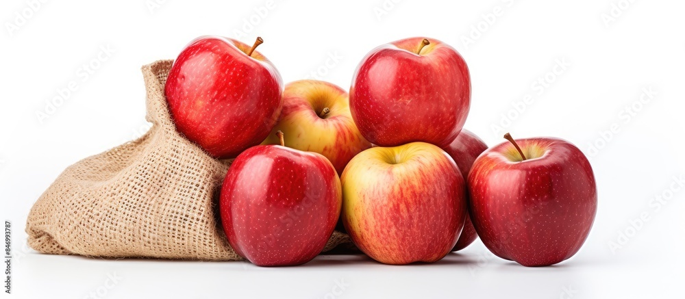 Aufkleber Several sweet red apples are showcased up close in a traditional jute sack, isolated on a plain white background. with copy space image. Place for adding text or design