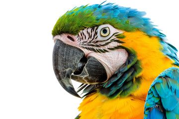 Obraz premium Close-up of a vibrant blue and yellow macaw with detailed features and colorful plumage, isolated on a transparent background.
