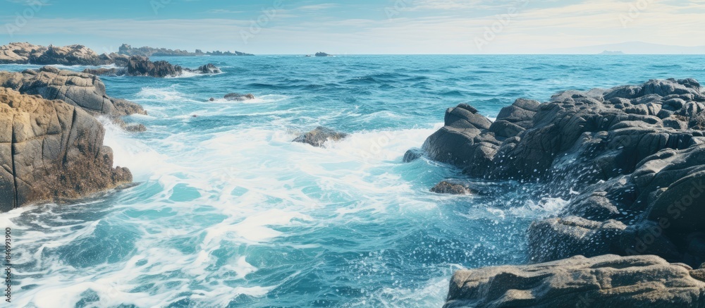 Poster Rough sea waves vigorously collide with large rocks along the rugged shore. with copy space image. Place for adding text or design