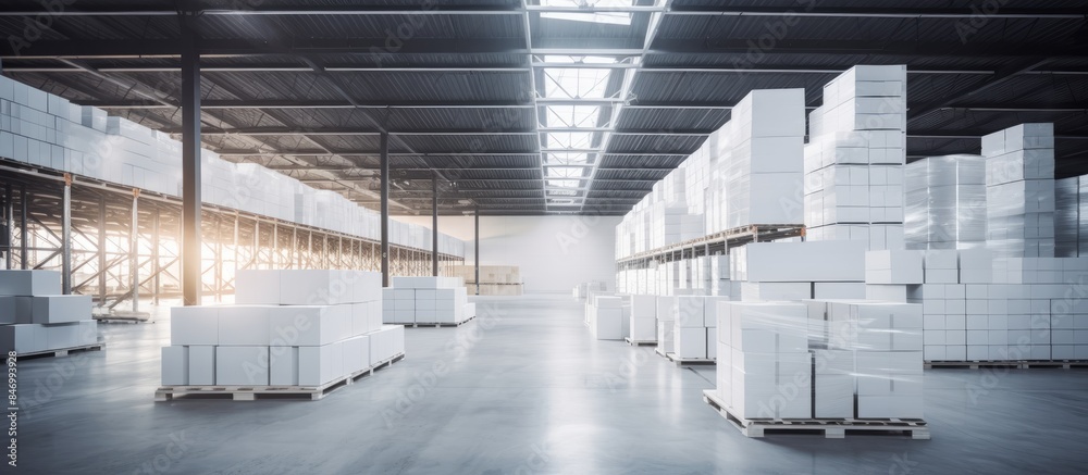 Aufkleber Rows of shelves filled with boxes in a clean, structured warehouse setting with smooth boxes. with copy space image. Place for adding text or design