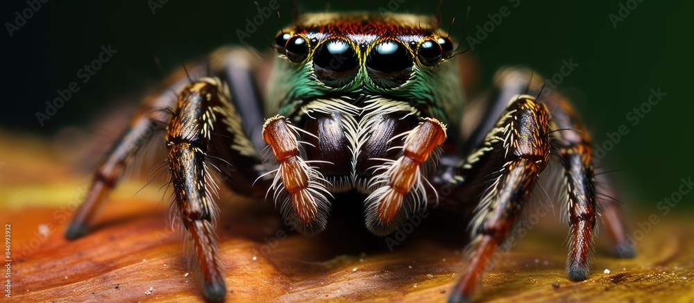 Aufkleber Macro shot of a jumping spider showcasing a vivid green and red head with a sharp focus on its eyes. with copy space image. Place for adding text or design