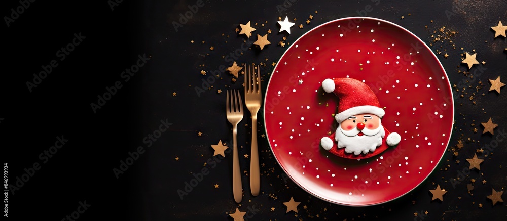 Poster santa claus depicted on a plate with festive cutlery and star decorations, creating a holiday dining