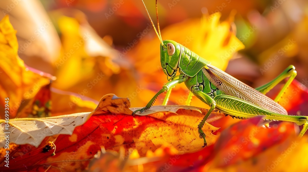 Poster a green grasshopper sitting on autumn coloured leaf grasshopper in nature : generative ai